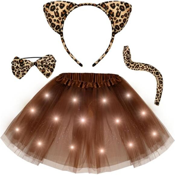Kids Light Up Leopard Costume Girls Leopard Ears Headband Tail Bow Tie Tutu - Picture 1 of 8